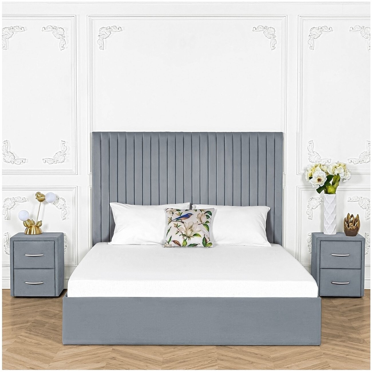 Кровать двуспальная с подъемным механизмом и ящиком для белья 180х200 серо-голубая Amore - изображение 5