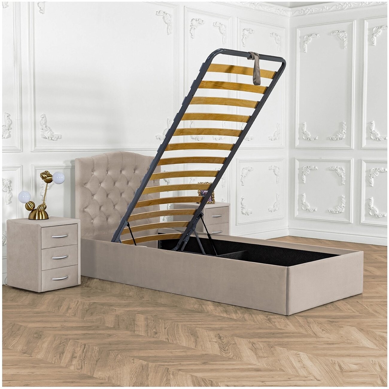 Кровать односпальная с подъемным механизмом и ящиком для белья 90х200 кремовая Грация - изображение 3