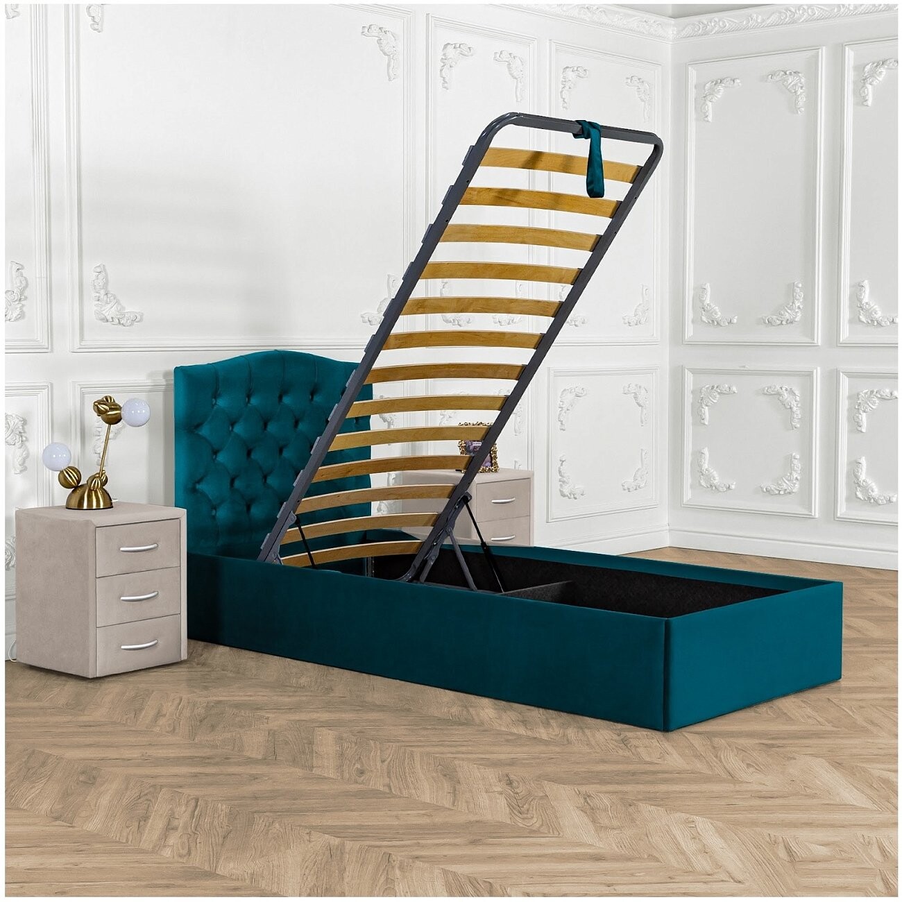 Кровать подростковая с подъемным механизмом и ящиком для белья 90х200 изумрудная "Грация" - изображение 3