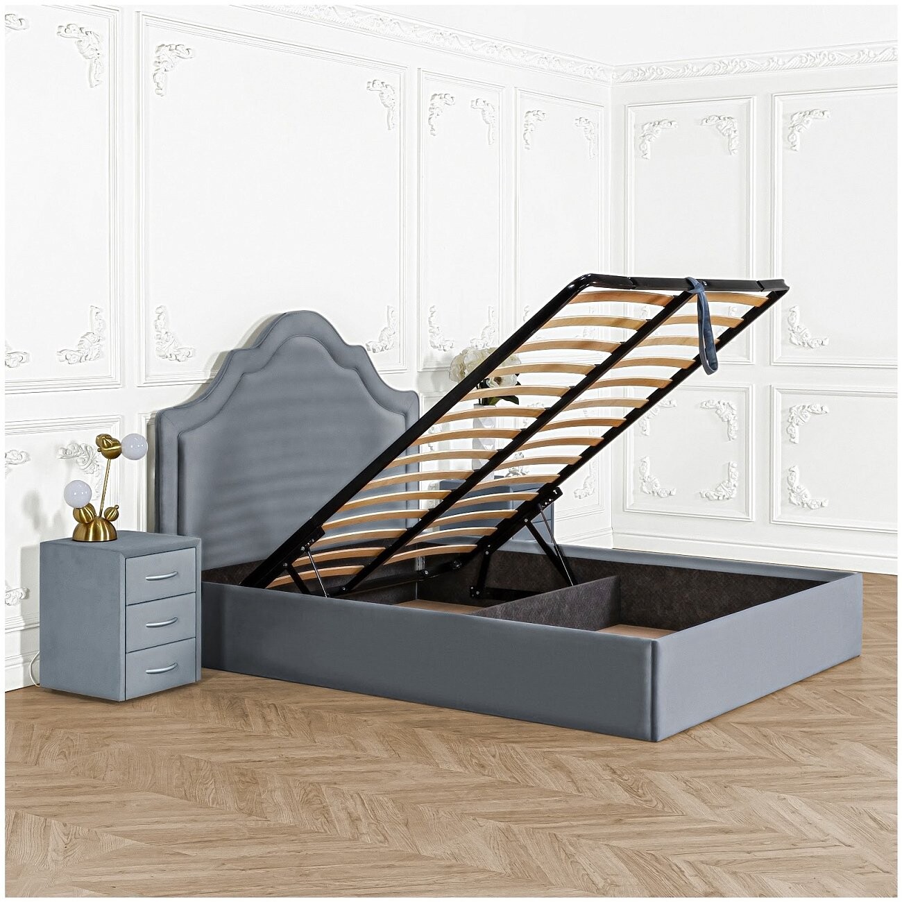 Кровать евро с подъемным механизмом и ящиком для белья 200х200 серо-голубая "Одри" - изображение 3