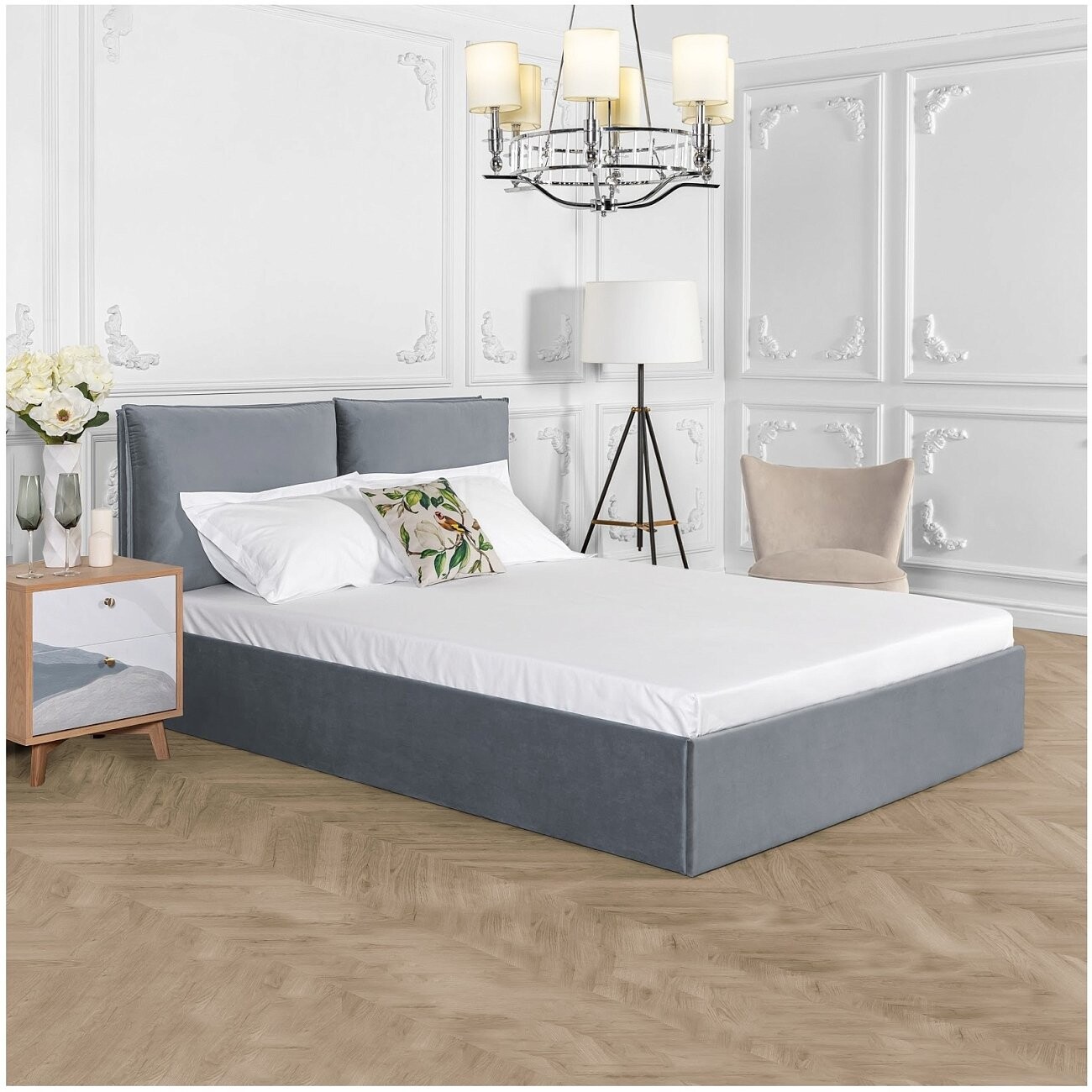 Кровать полутораспальная с подъемным механизмом и ящиком для белья 140х200 серо-голубая "Эстетика" - изображение 6