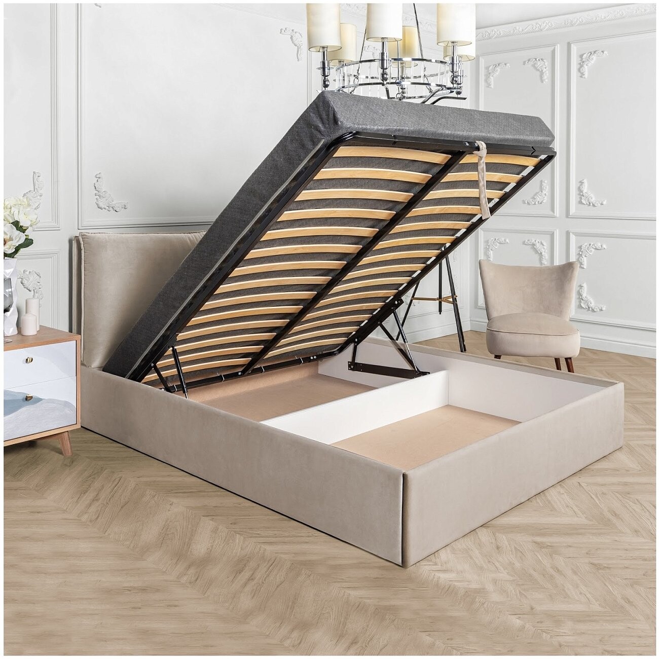 Кровать полутораспальная с подъемным механизмом и ящиком для белья 140х200 кремовая "Эстетика" - изображение 3