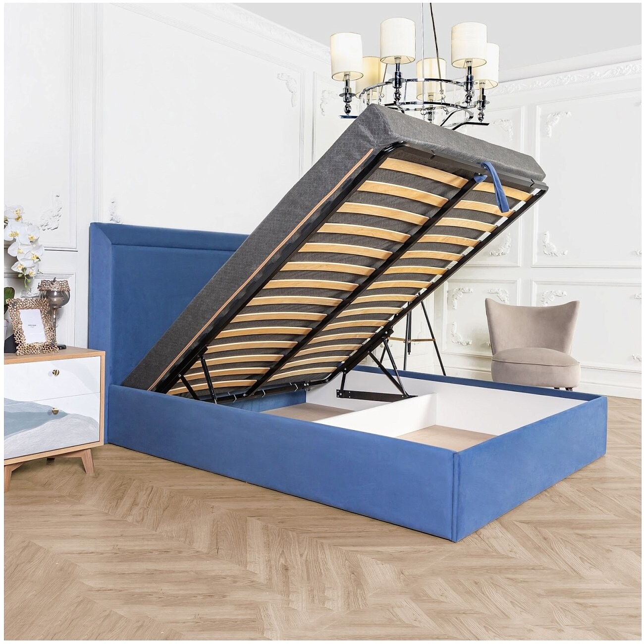 Кровать евро с подъемным механизмом и ящиком для белья 200х200 синяя "Мелисса" - изображение 3