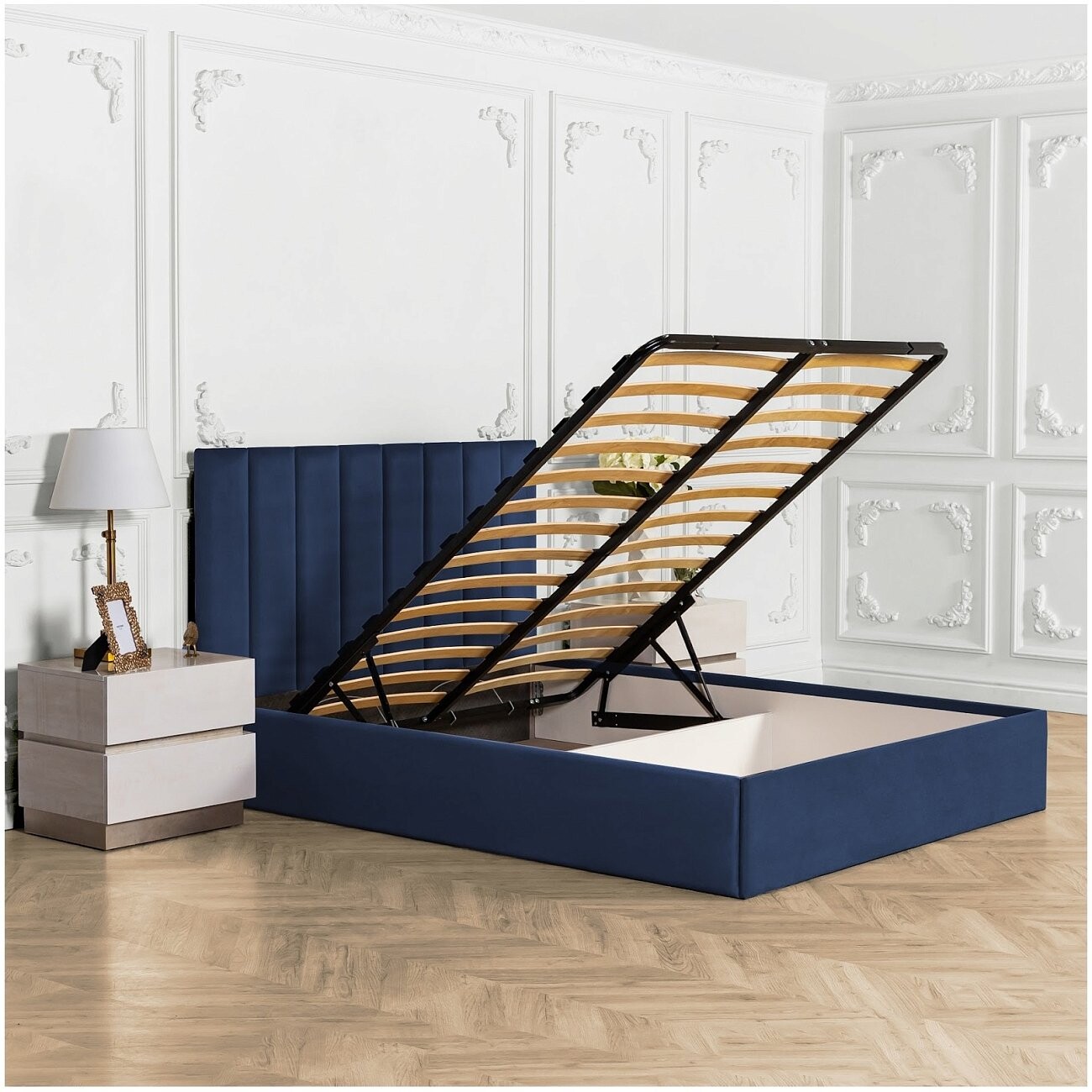 Кровать евро с подъемным механизмом и ящиком для белья 200х200 темно-синяя Вега - изображение 3