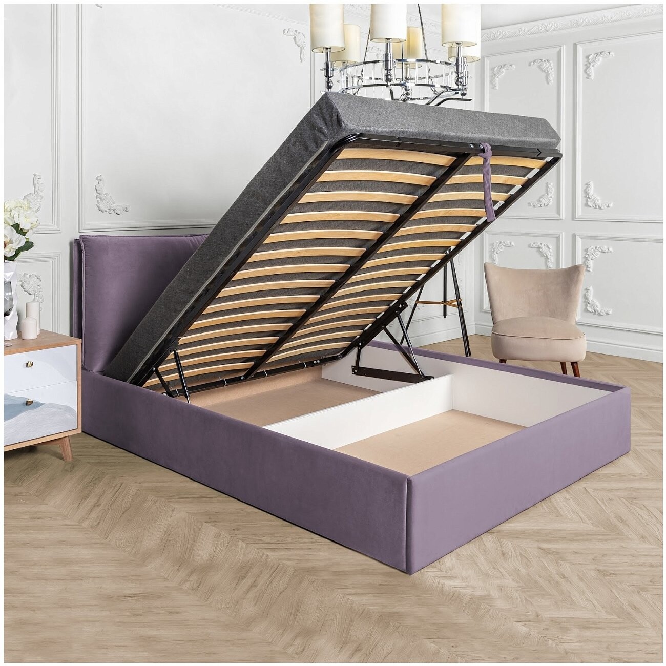 Кровать евро с подъемным механизмом и ящиком для белья 200х200 сиреневая Эстетика - изображение 3