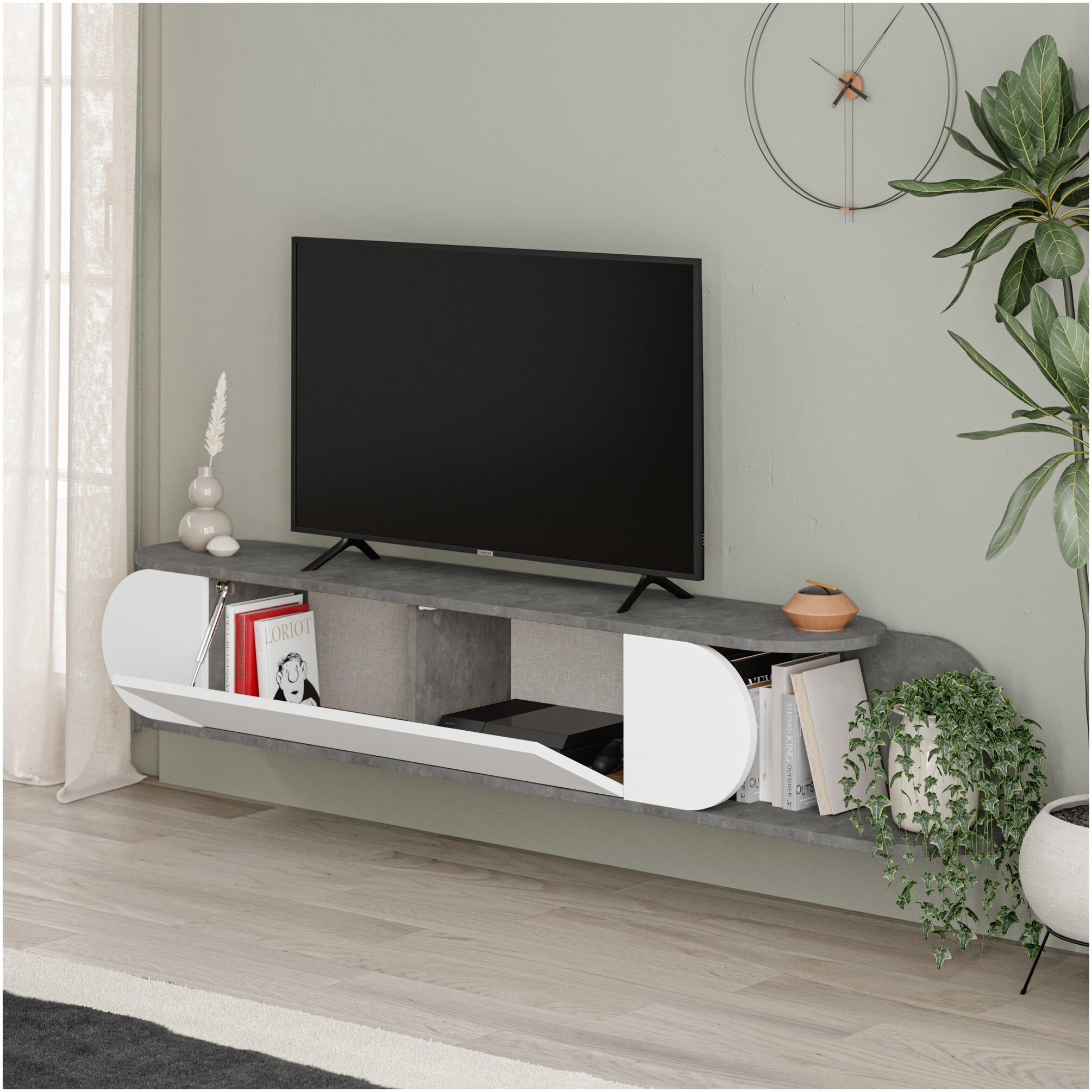 Тумба под телевизор подвесная белая, серая Tone Tv Stand Retro Grey  LEV00551 - купить за 19170 руб в интернет-магазине DG-Home