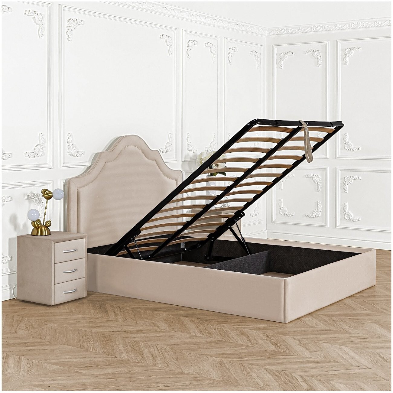 Кровать двуспальная с подъемным механизмом и ящиком для белья 180х200 кремовая "Одри" - изображение 3