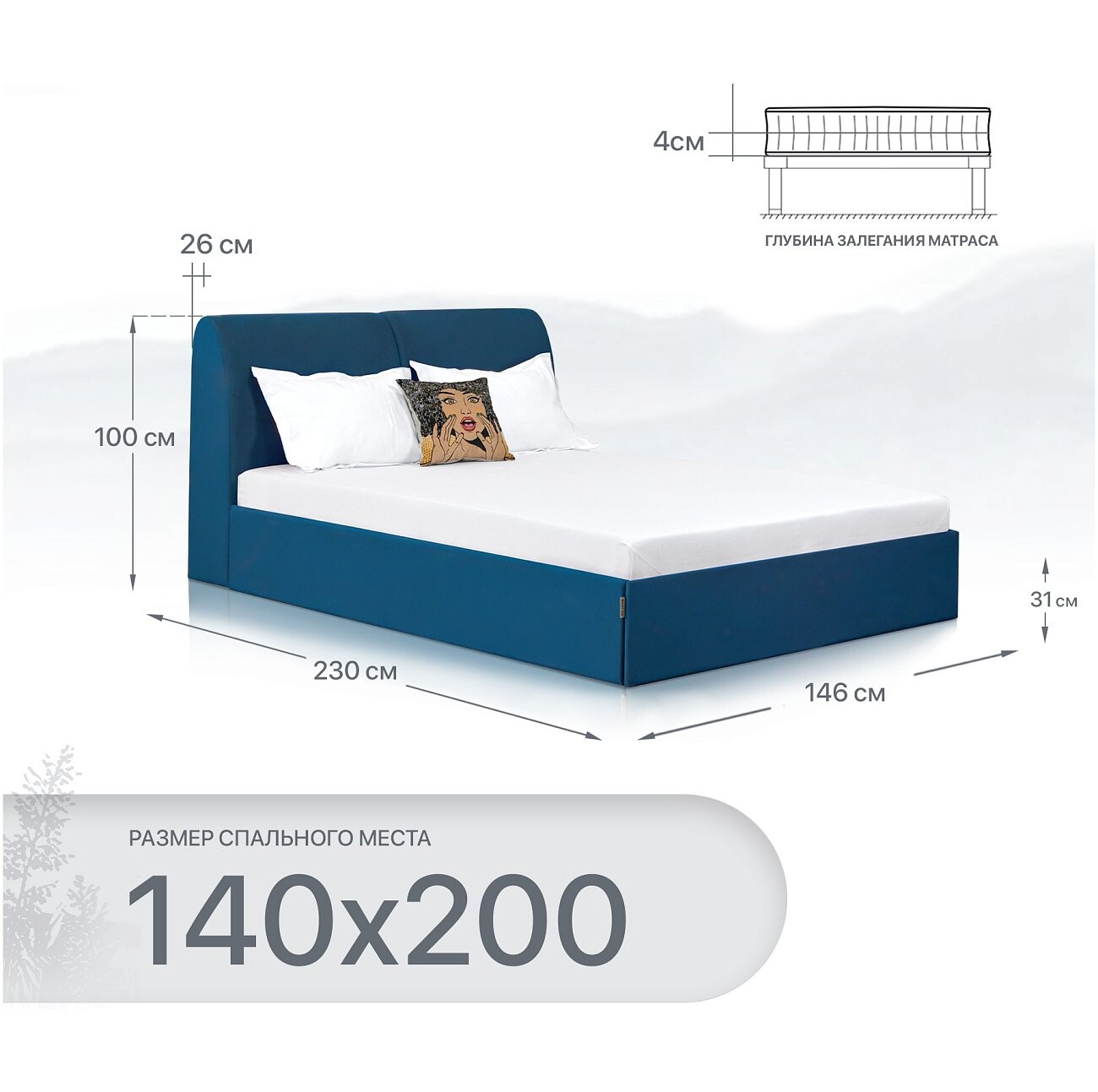 Кровать полутораспальная с подъемным механизмом и ящиком для белья 140х200 капри "Альба" - изображение 2