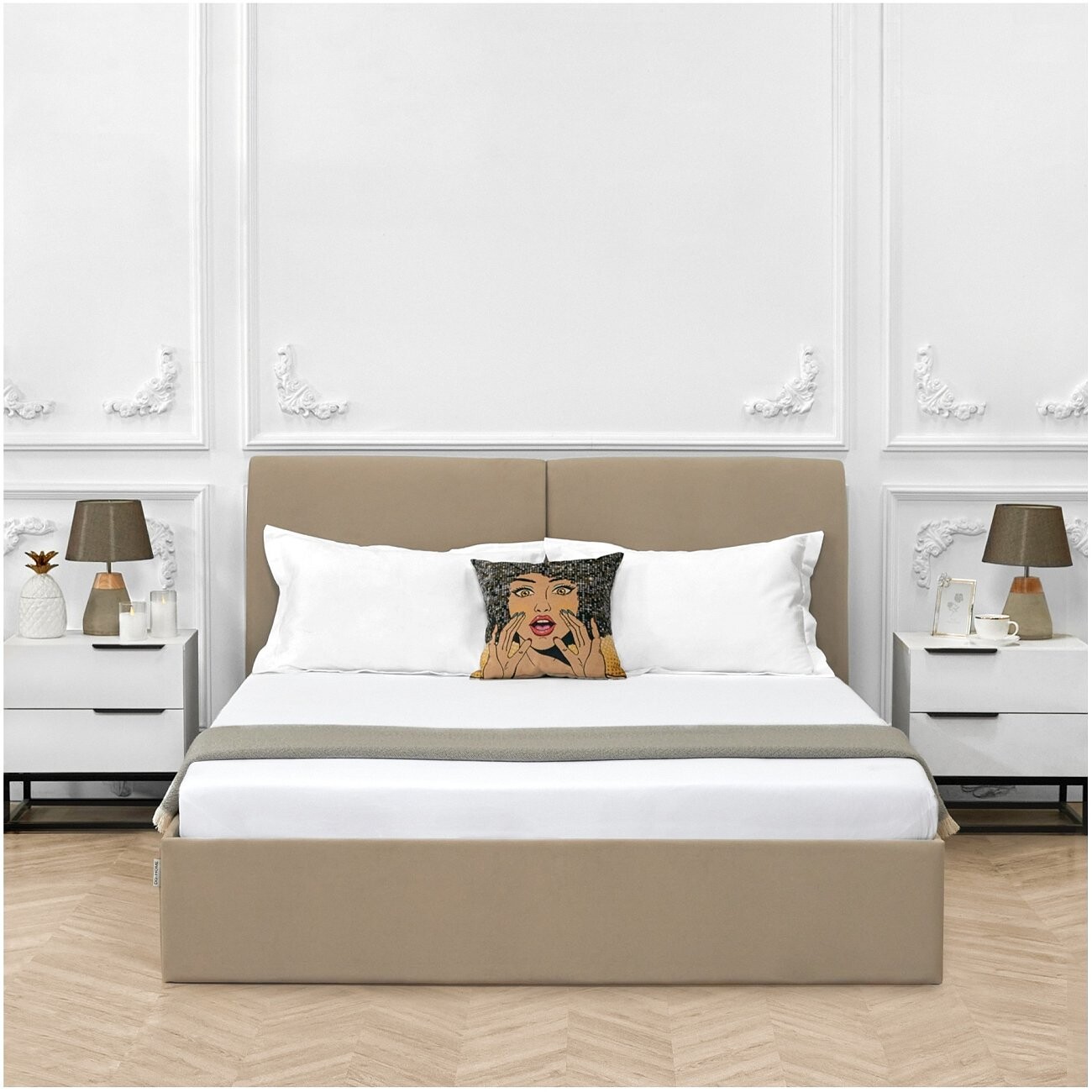 Кровать двуспальная с подъемным механизмом и ящиком для белья 160х200 бежевая "Альба" - изображение 5