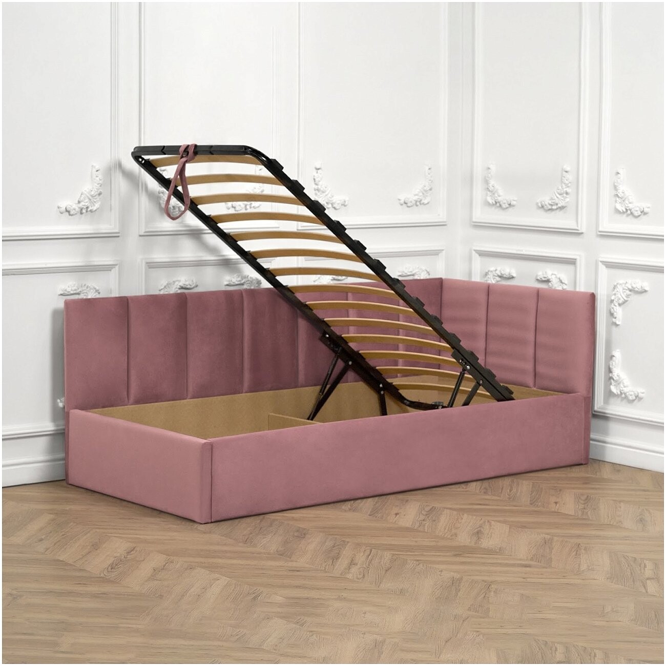 Кровать односпальная с подъемным механизмом и ящиком для белья 90х200 пыльно-розовая Вега Мини - изображение 3