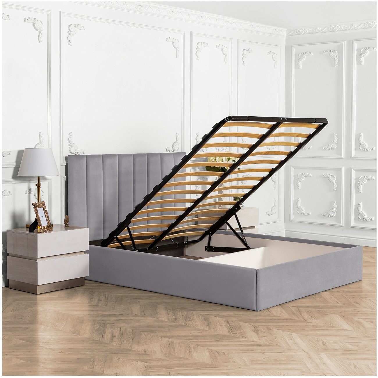 Кровать полутораспальная с подъемным механизмом и ящиком для белья 140х200 жемчужно-серая Вега - изображение 2