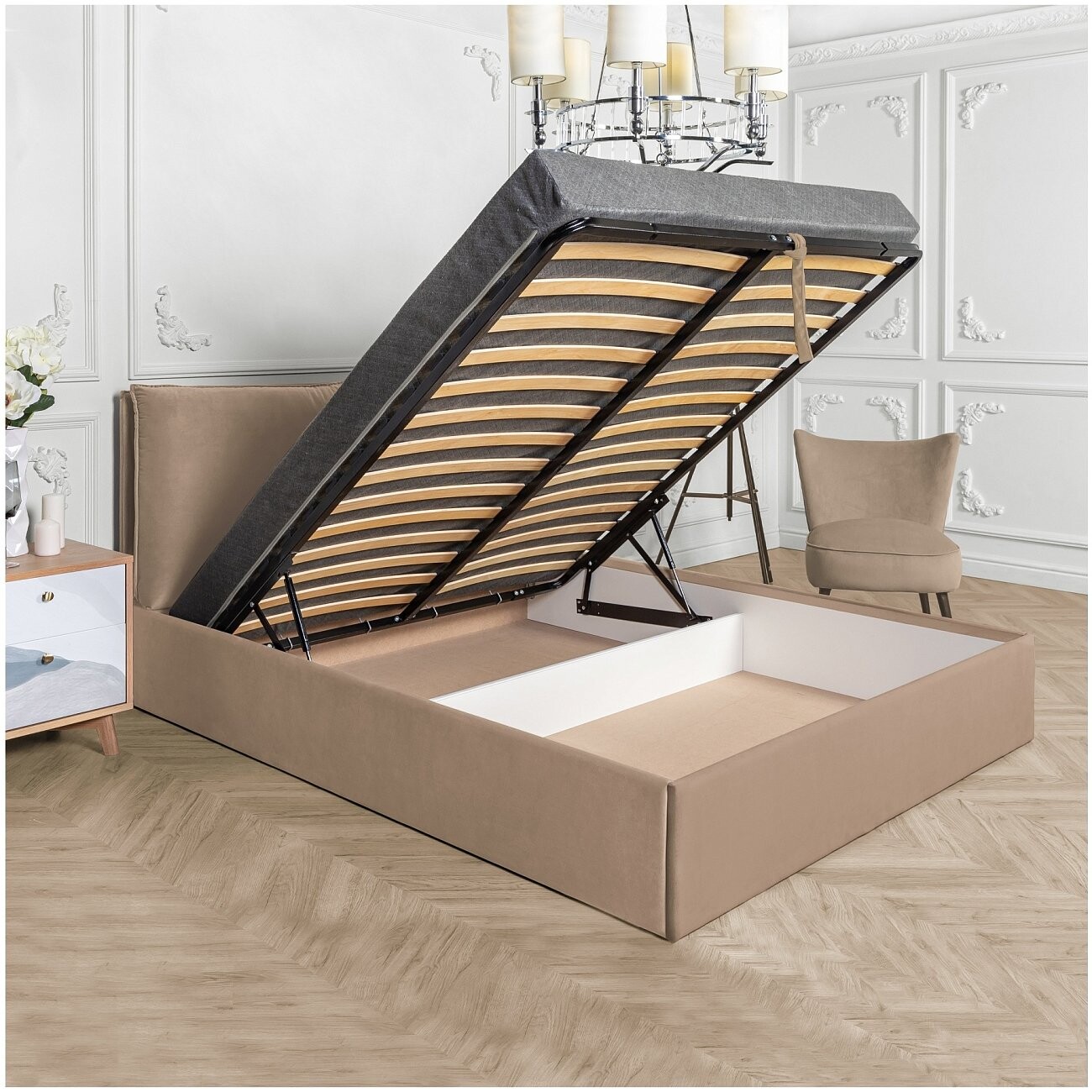 Кровать двуспальная с подъемным механизмом и ящиком для белья 160х200 латте Эстетика - изображение 2