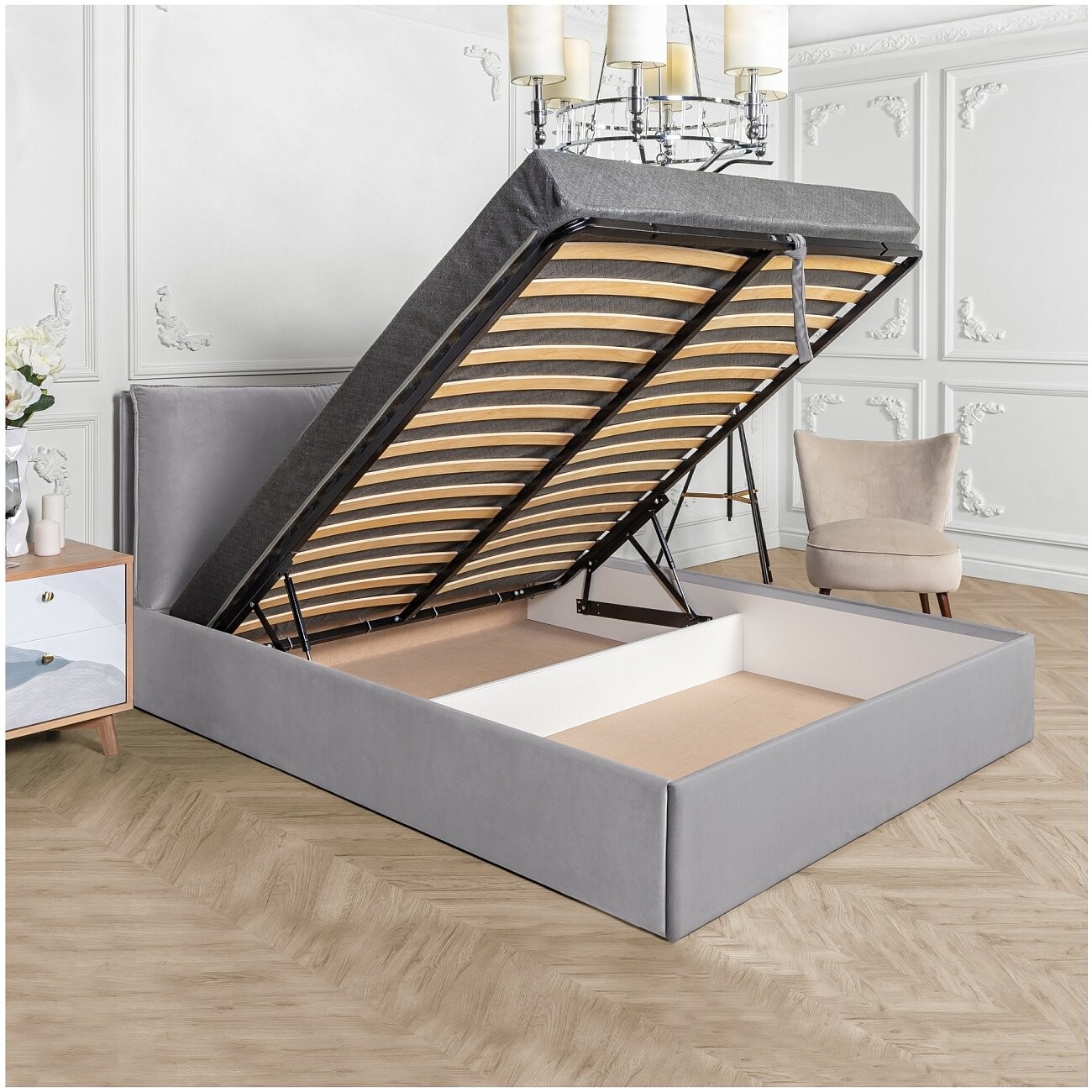 Кровать двуспальная с подъемным механизмом и ящиком для белья 180х200 жемчужно-серая Эстетика - изображение 2