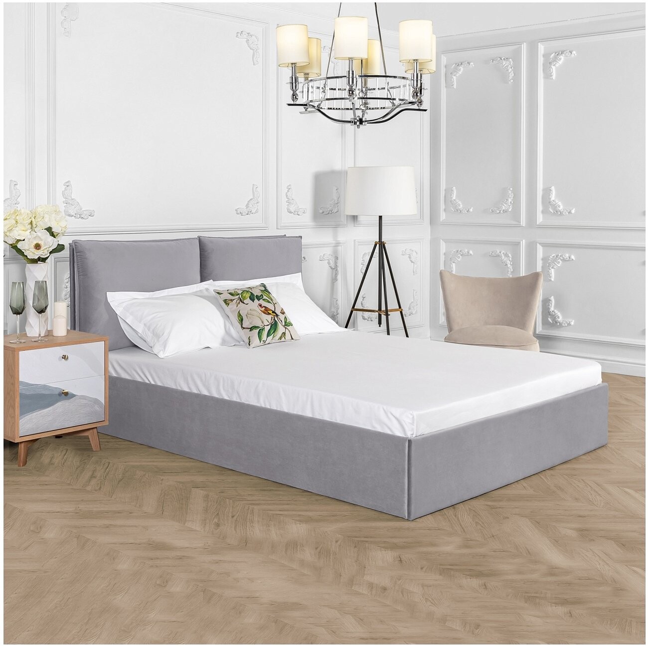 Кровать двуспальная с подъемным механизмом и ящиком для белья 180х200 жемчужно-серая Эстетика - изображение 5