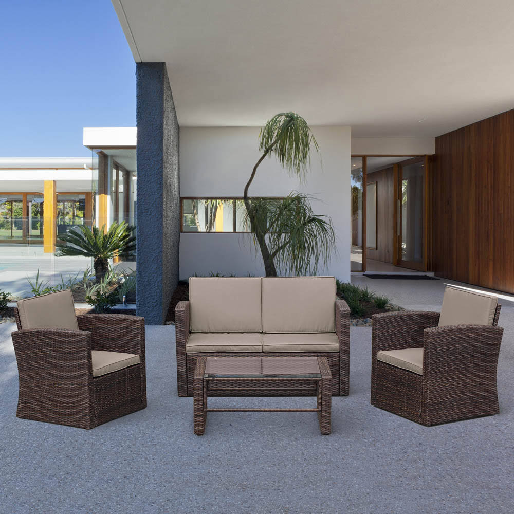 Мебель садовая мягкая коричневая, диван и столик на 4 персоны Cino