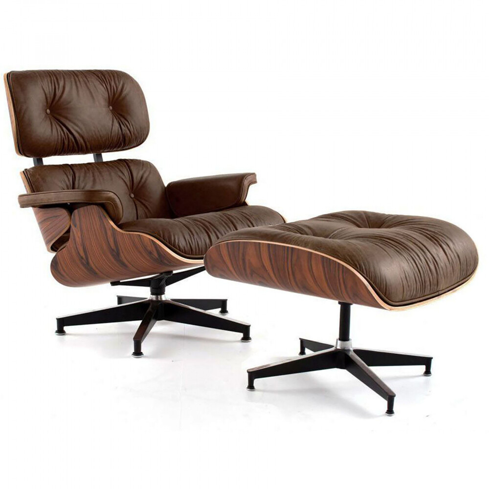 Кресло кожаное с оттоманкой коричневое Eames Style Lounge Chair & Ottoman Premium