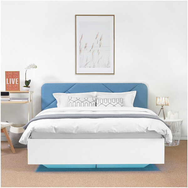 Кровать двуспальная с подъемным механизмом и ящиком для белья 160х200 голубая, белая Fly - изображение 1