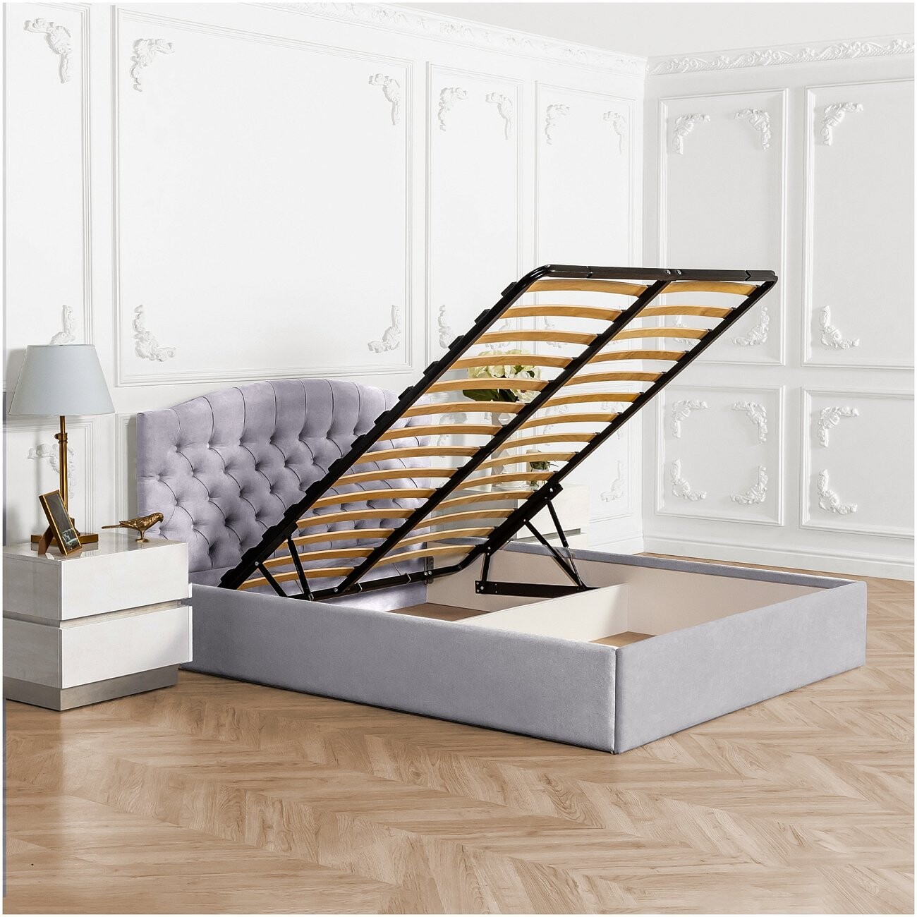 Кровать двуспальная с подъемным механизмом и ящиком для белья 160х200 жемчужно-серая Грация - изображение 3