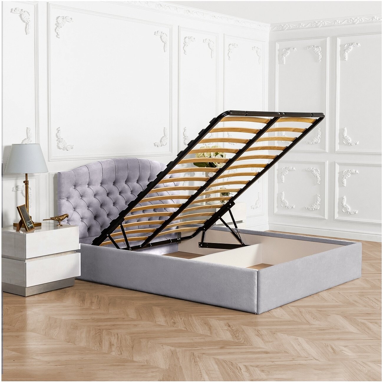 Кровать евро с подъемным механизмом и ящиком для белья 200х200 жемчужно-серая Грация - изображение 2