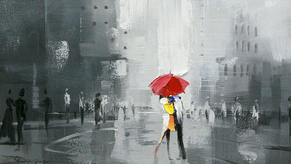 Картина на холсте 100х100 см "Поцелуй под зонтом-2"