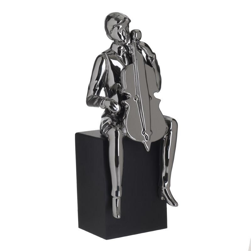 Статуэтка декоративная деревянная серебристая "Музыкант с виолончелью"