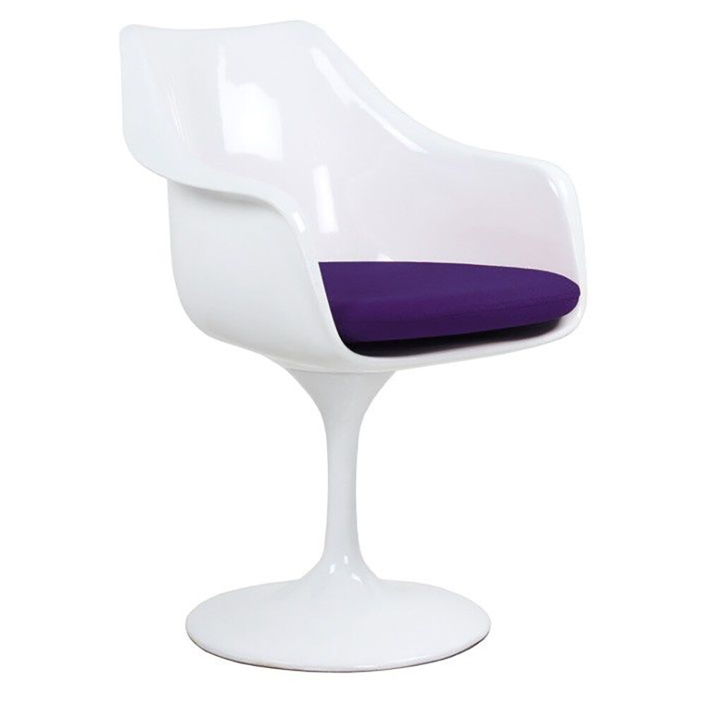 Кресло белое на ножке с фиолетовой подушкой, шерсть Tulip Armchair
