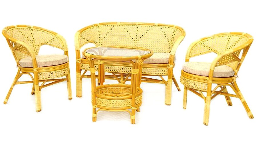 Мебель из ротанга садовая бежево-золотая, столик и кресла на 4 персоны Together