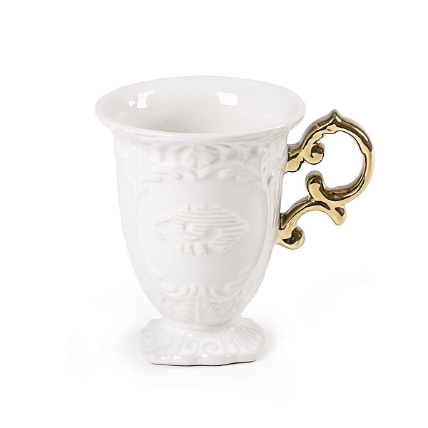 Кружка фарфоровая с фигурной ручкой белая, золото I-Mug - изображение 1