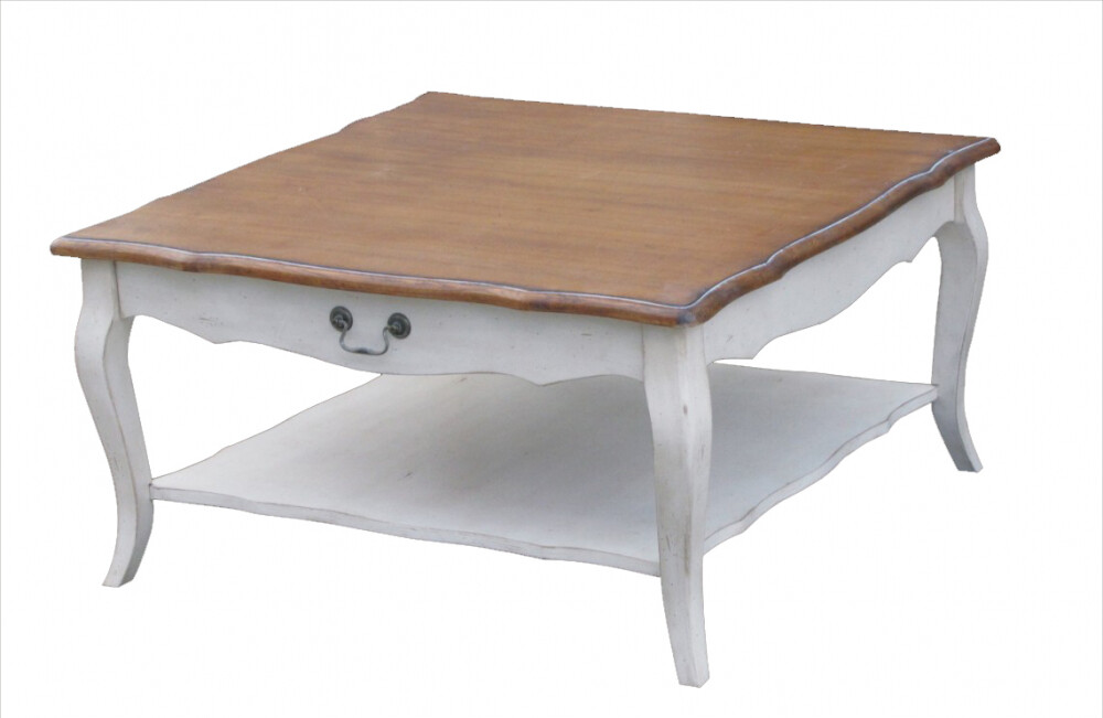 Журнальный столик белый с деревянным топом с полкой и ящиком 90 см Mobilier de Maison