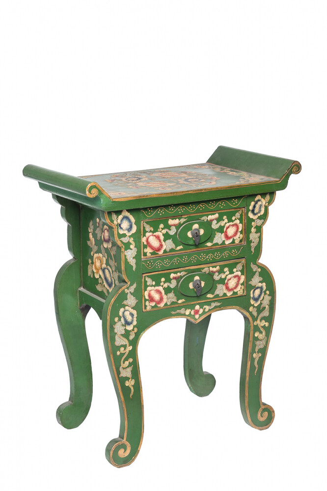 Приставной столик с ящиками зеленый расписной "Сян-ань"