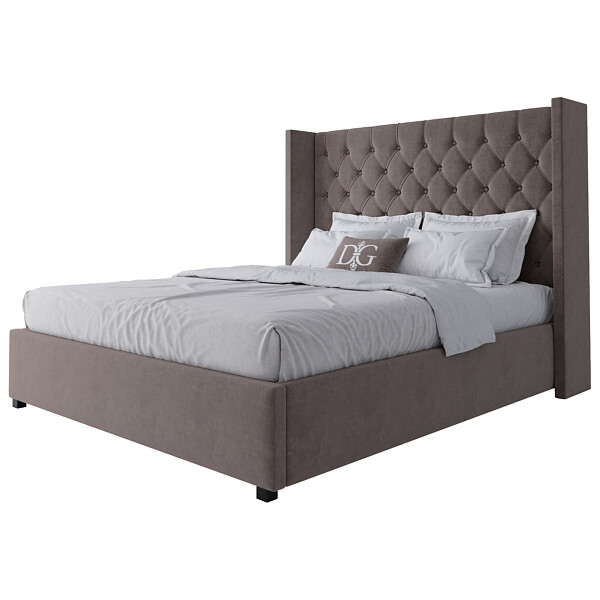 Кровать двуспальная 160х200 серо-коричневая из велюра с каретной стяжкой без гвоздиков Wing-2 - изображение 1