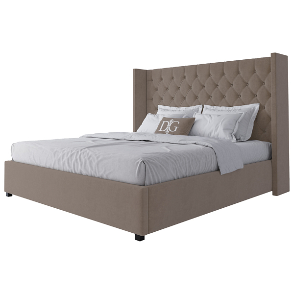 Кровать двуспальная 180х200 бежевая из велюра с каретной стяжкой без гвоздиков Wing-2 - изображение 1