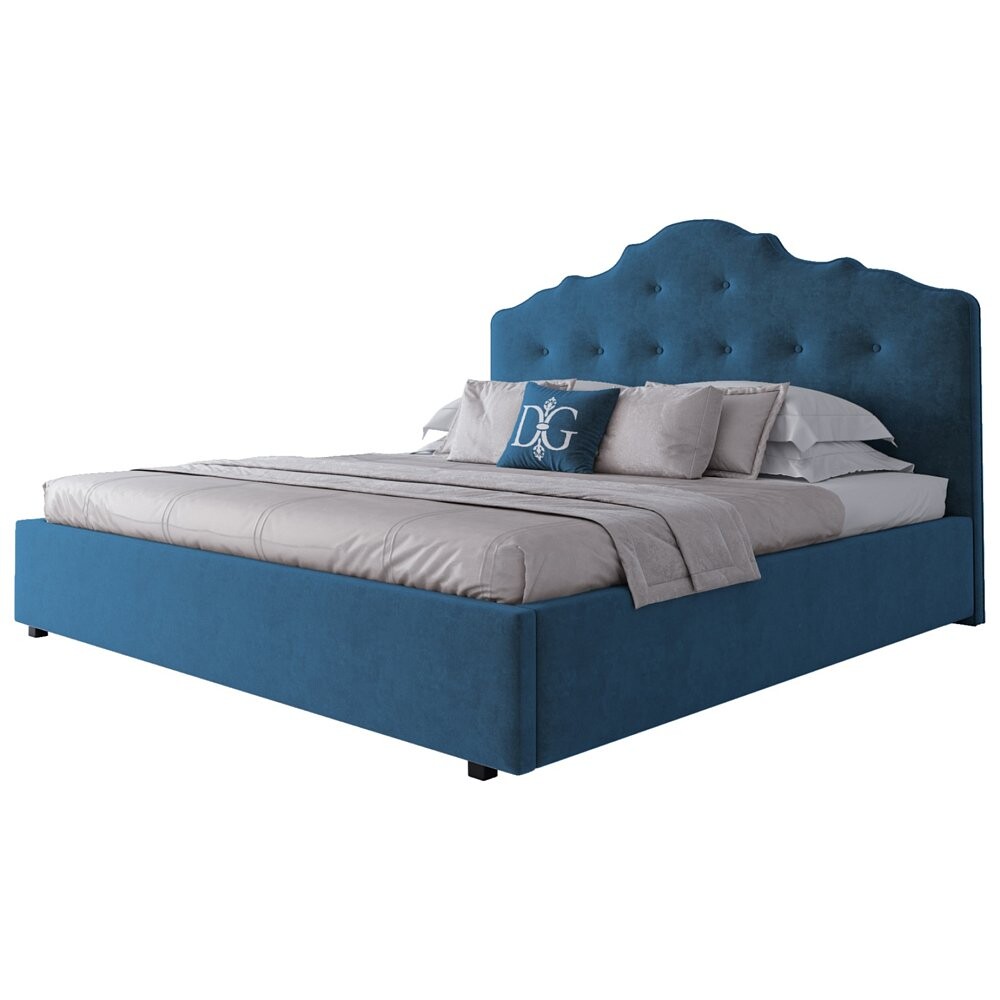 голубая кровать с мягким изголовьем