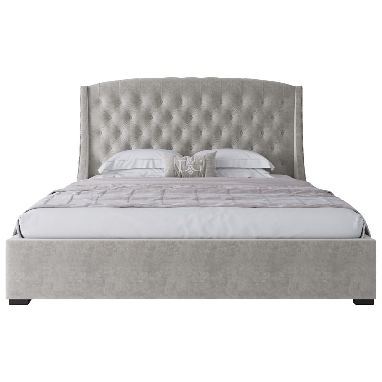 Кровать двуспальная 180х200 с гвоздиками светло-бежевая из велюра Hugo - изображение 2