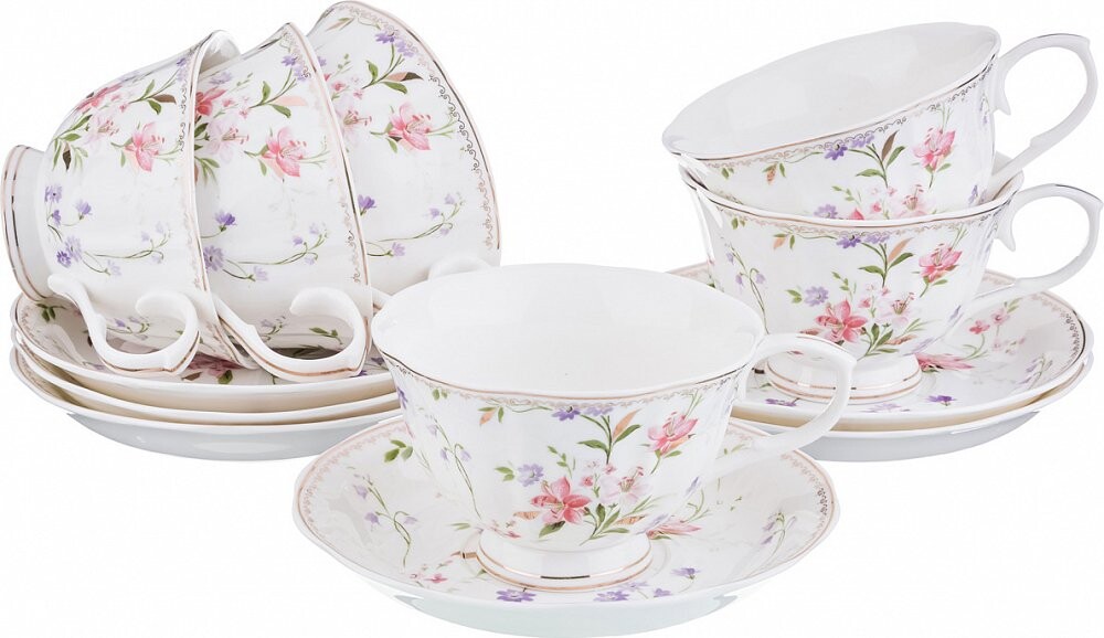 Чашки чайные фарфоровые с блюдцами на 6 персон белые с цветами 