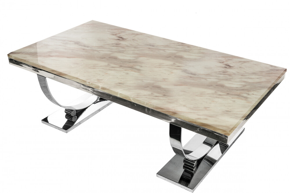 Журнальный столик дизайнерский с молочно-белым мрамором и основанием хром 130 см Ospite