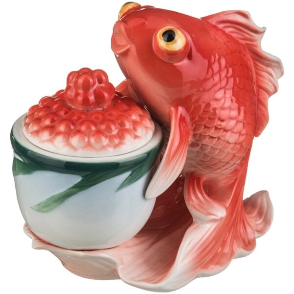 Икорница фарфоровая с крышкой 150 мл красная "Золотая рыбка" - изображение 1