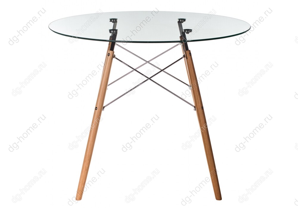 Обеденный стол стеклянный круглый с деревянными ножками 90 см PT-151 (eames style)