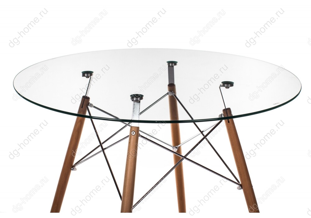Обеденный стол стеклянный круглый с деревянными ножками 90 см PT-151 (eames style)