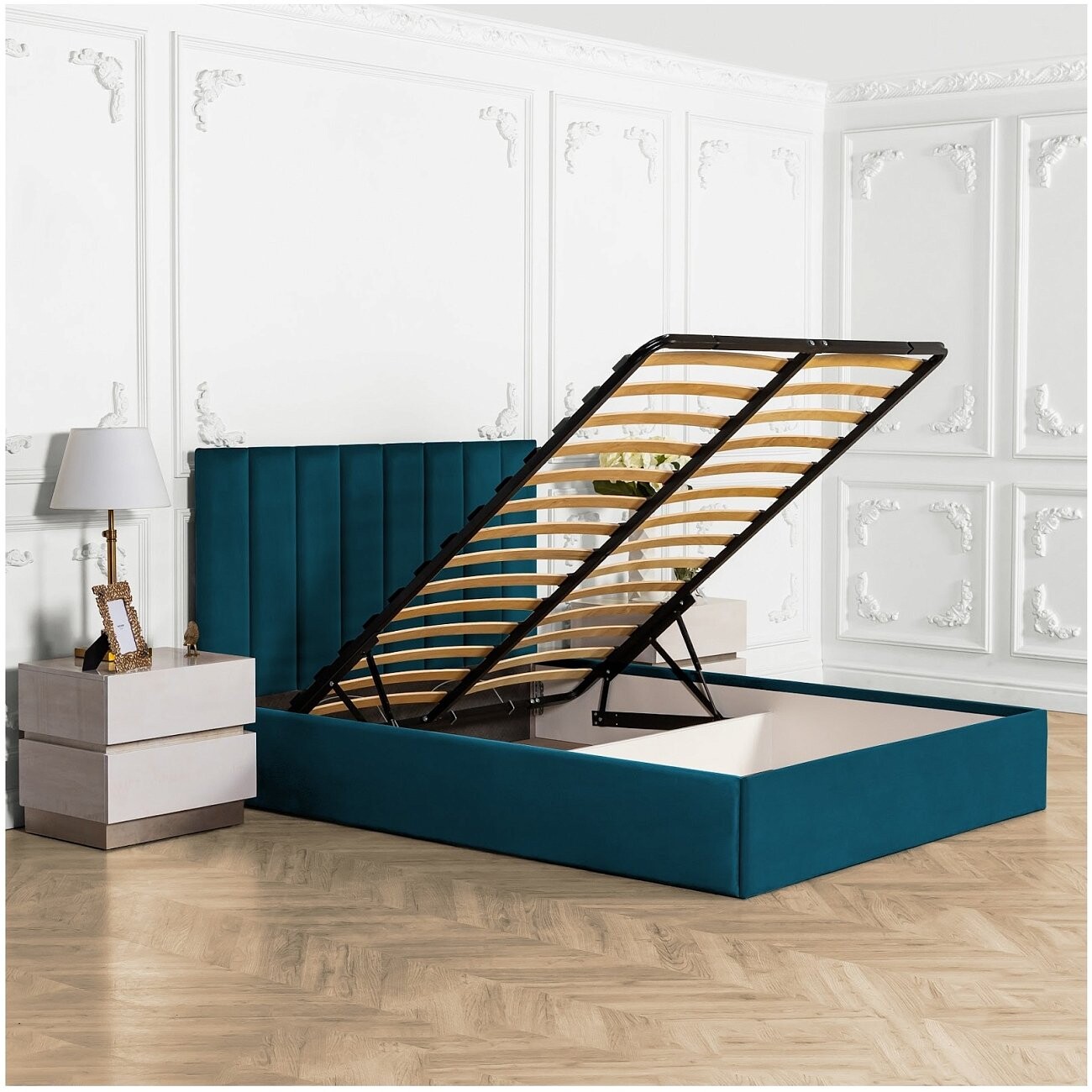 Кровать двуспальная с подъемным механизмом и ящиком для белья 160х200 изумрудная Вега - изображение 2