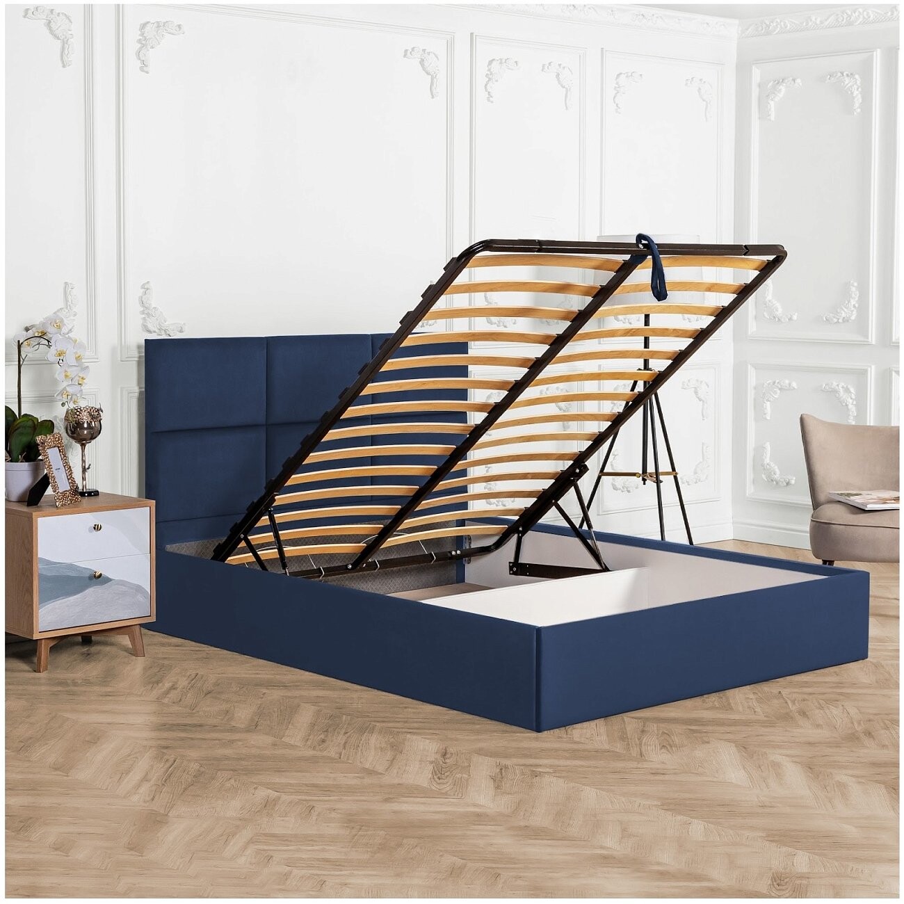 Кровать двуспальная с подъемным механизмом и ящиком для белья 160х200 темно-синяя Токио - изображение 3