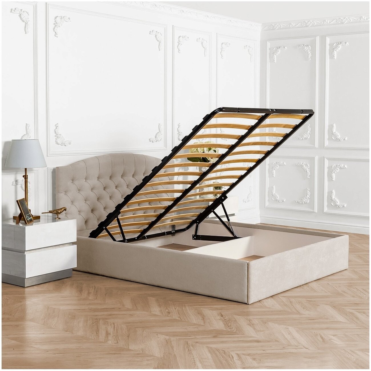 Кровать двуспальная с подъемным механизмом и ящиком для белья 160х200 кремовая Грация - изображение 3