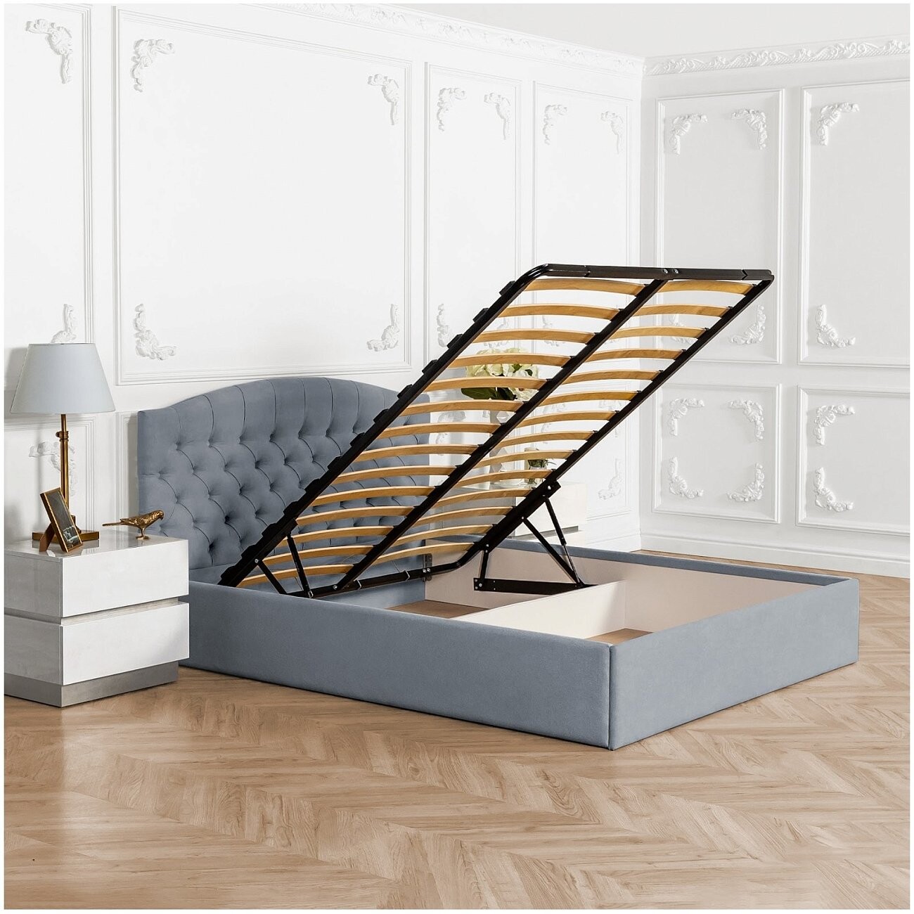 Кровать двуспальная с подъемным механизмом и ящиком для белья 180х200 серо-голубая Грация - изображение 3