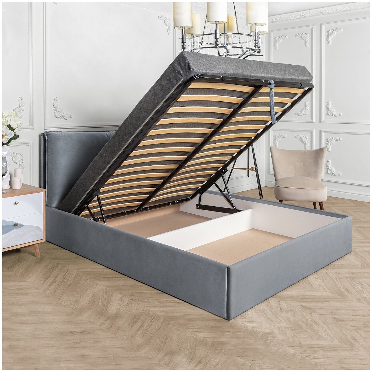 Кровать двуспальная с подъемным механизмом и ящиком для белья 180х200 серо-голубая Эстетика - изображение 3