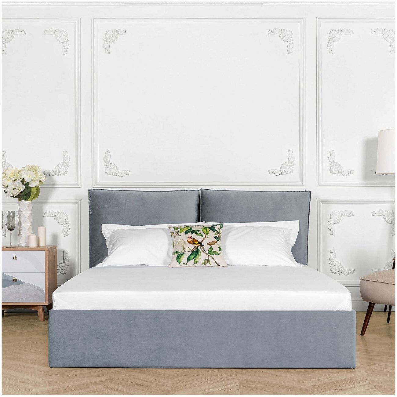 Кровать двуспальная с подъемным механизмом и ящиком для белья 180х200 серо-голубая Эстетика - изображение 5