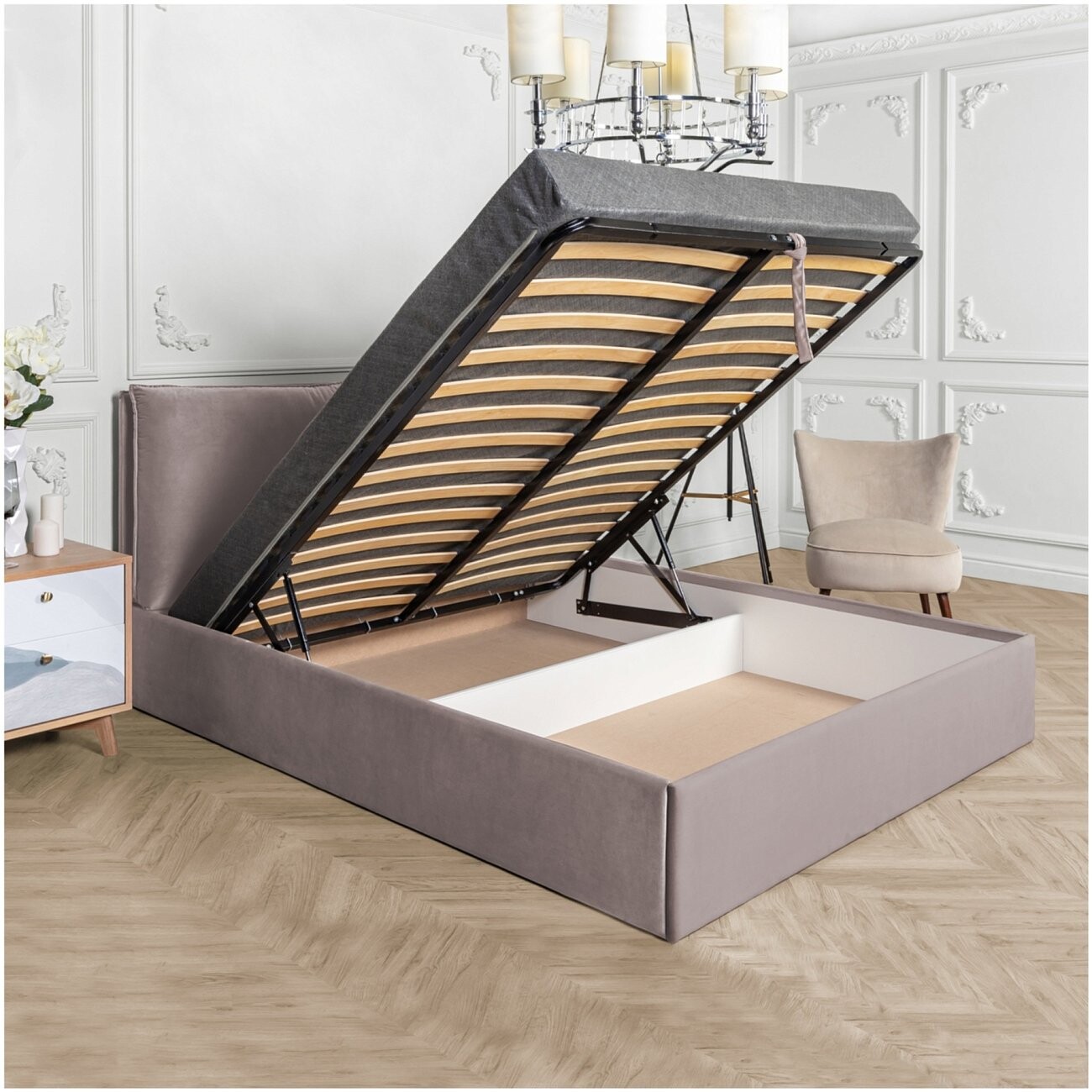 Кровать двуспальная с подъемным механизмом и ящиком для белья 180х200 мокко Эстетика - изображение 3