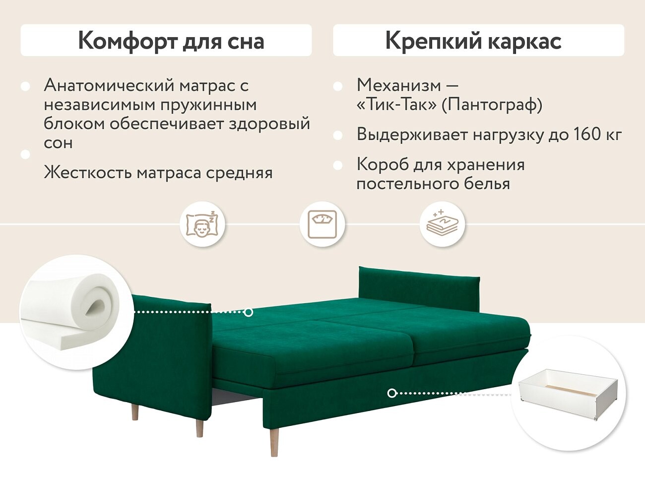 Диван-кровать трехместный прямой зеленый "Сканди" - изображение 6