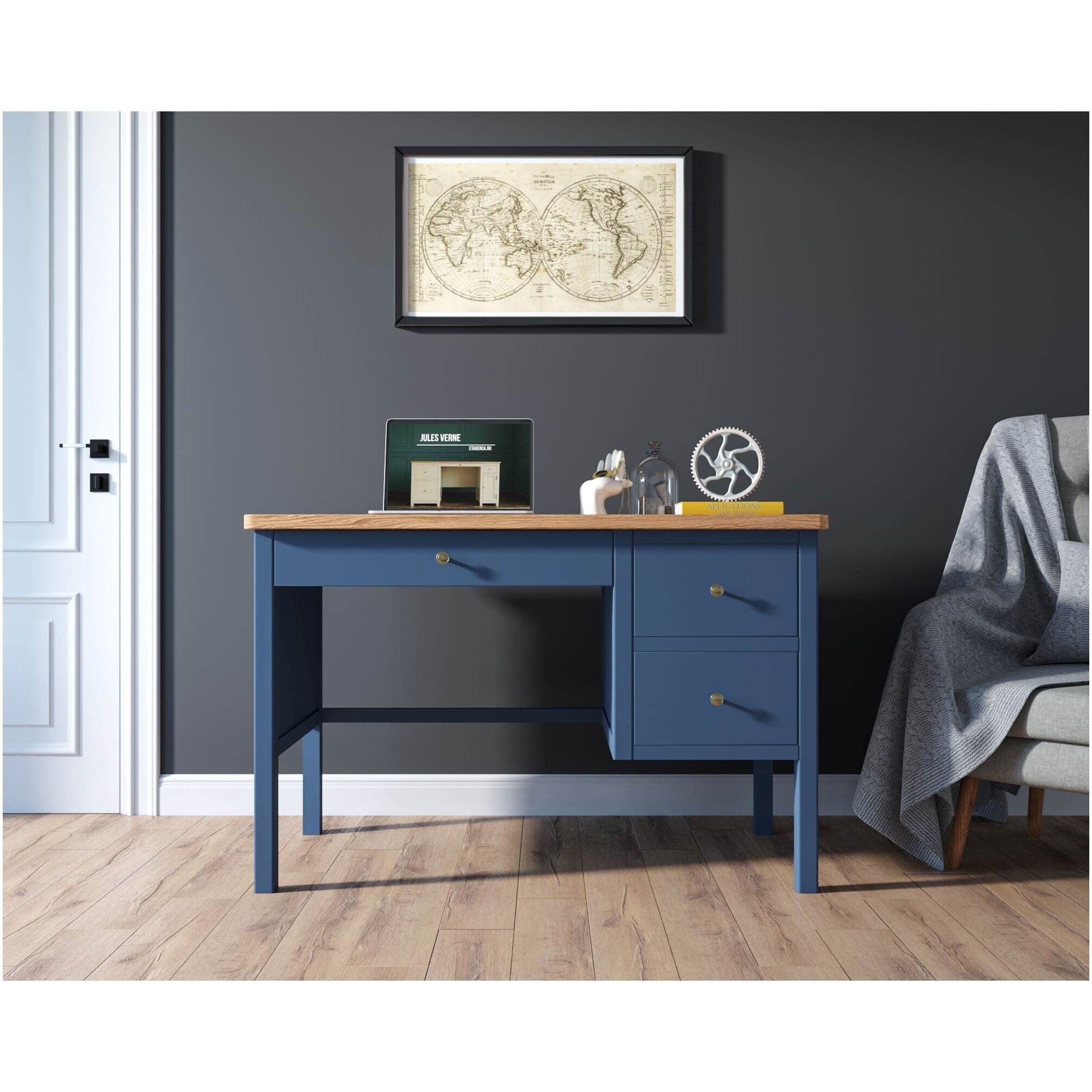 Письменный стол с ящиками и деревянной столешницей синий Jules Verne