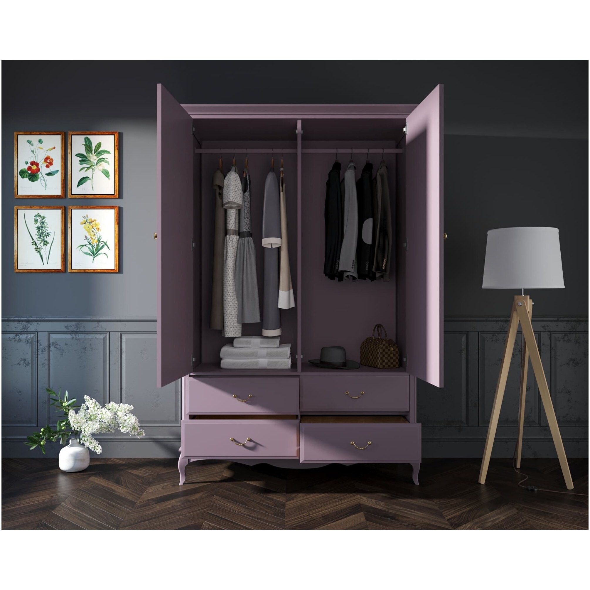 Шкаф двухдверный распашной с ящиками фиолетовый Leontina Lavanda