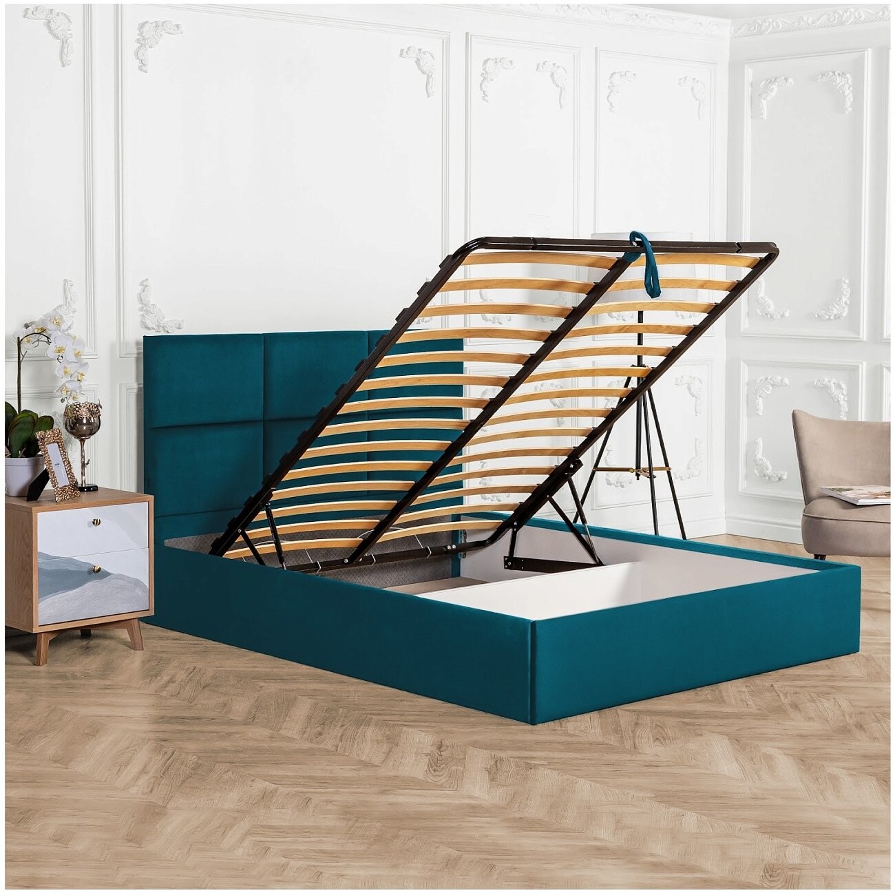 Кровать двуспальная с подъемным механизмом и ящиком для белья 180х200 изумрудная Токио - изображение 3